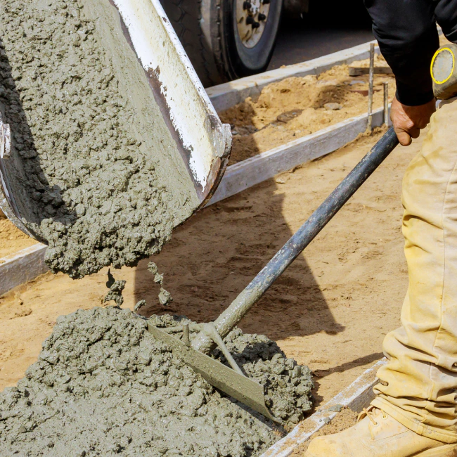 worker expanding cement on a foundation plane